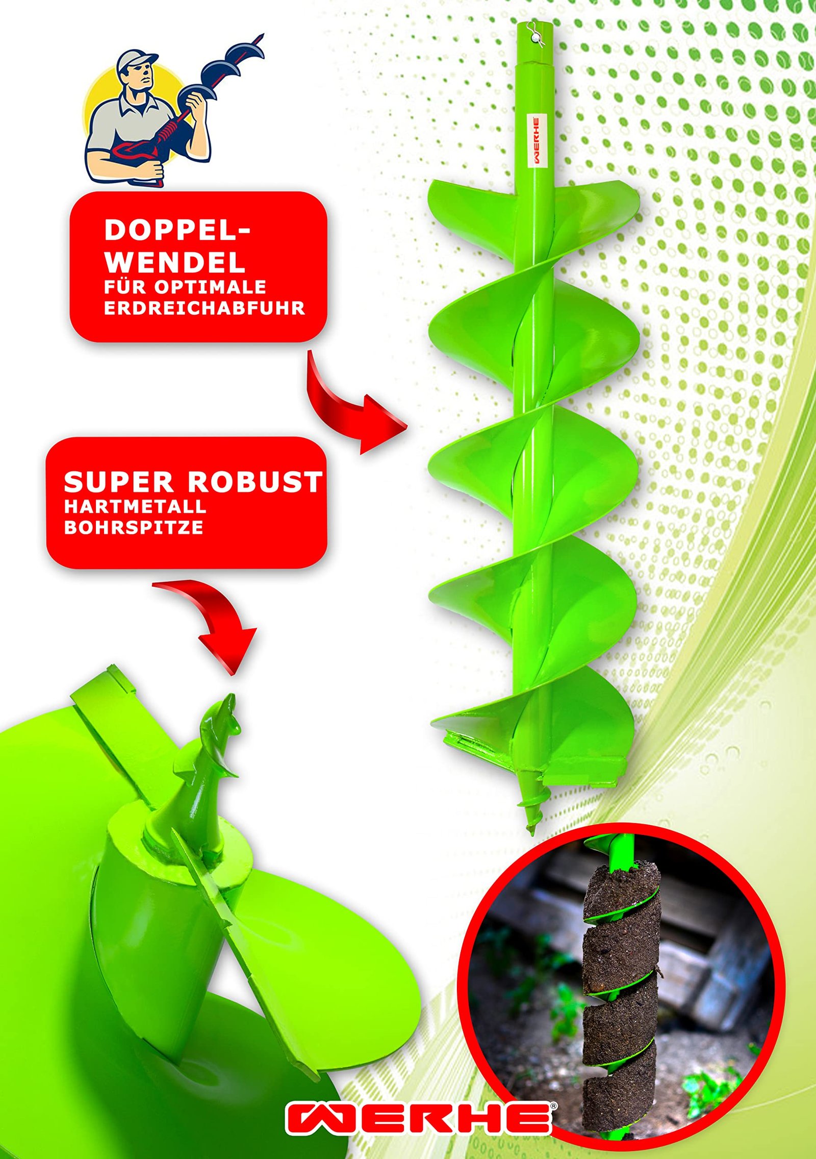 WERHE® Profi Bohrer Starker Stahl, Erdbohrer für bohrmaschine 250 mm Doppel-Welle extrem robust mit SDS Plus Adapter - Pfahlbohrer Brunnenbohrer präzise Bohrspitze. - Image 5